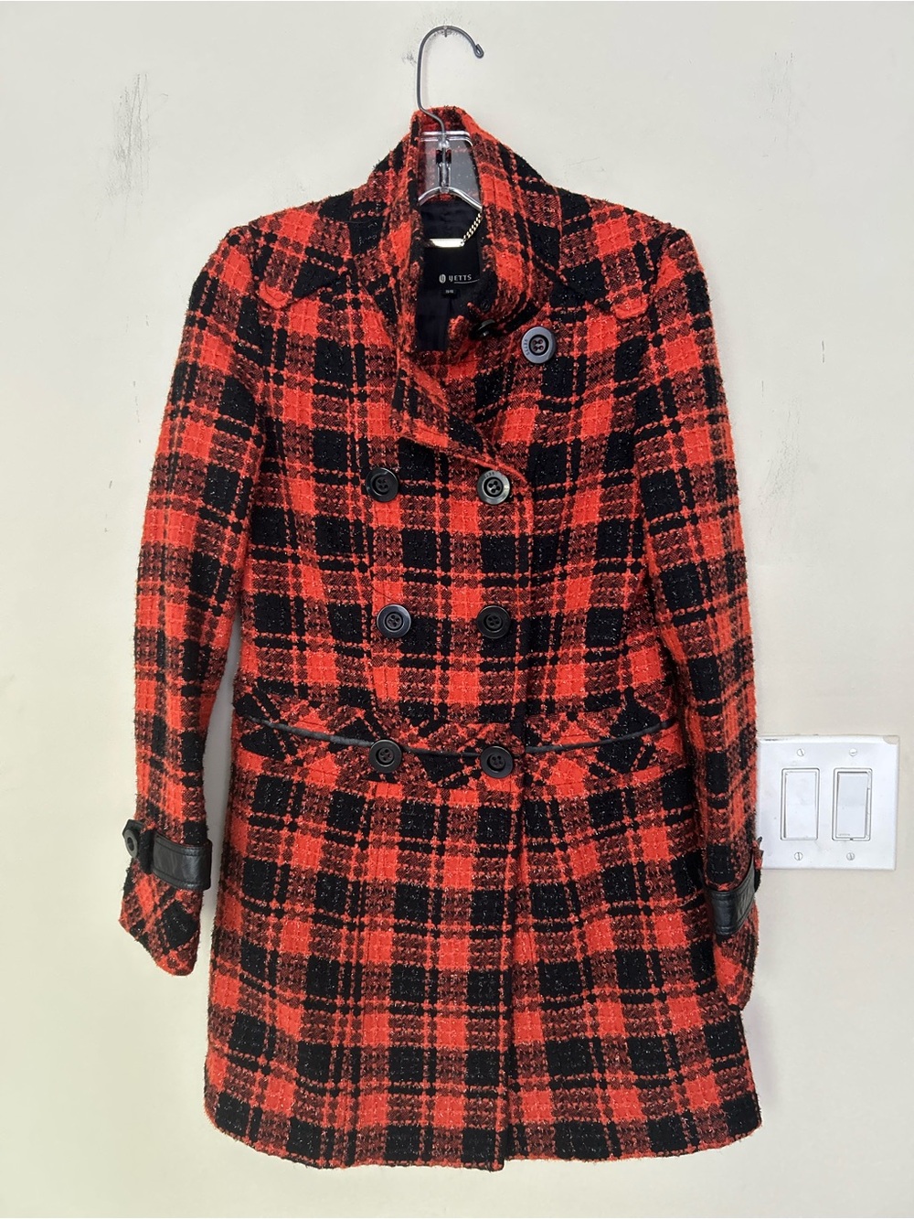 Yetts Orange & Black Plaid Double-Breasted Coat with leather accents. Size S